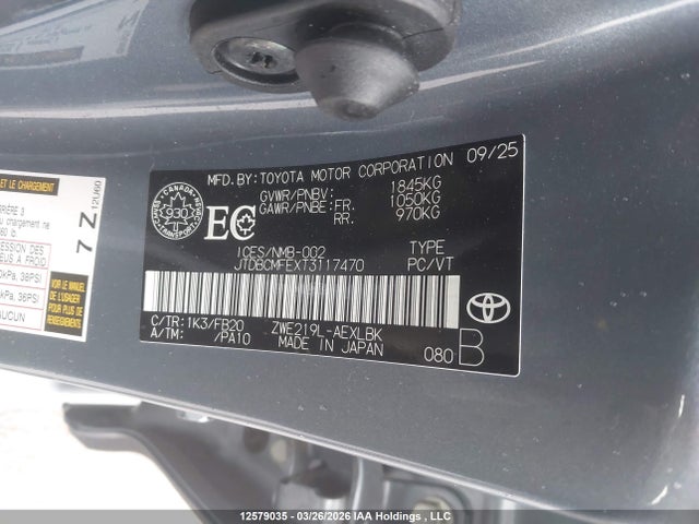 Aukcja sprzedaży 2026 Toyota Corolla Hybrid Le, vin: JTDBCMFEXT3117470, numer aukcji: 12579035