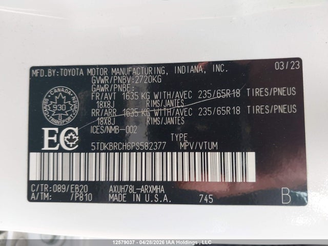 2023 Toyota Highlander Hybrid Xle მანქანა იყიდება აუქციონზე, vin: 5TDKBRCH6PS582377, აუქციონის ნომერი: 12579037