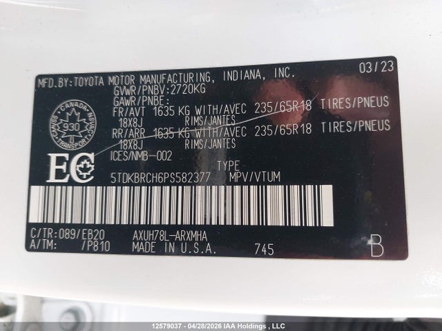 2023 Toyota Highlander Hybrid Xle მანქანა იყიდება აუქციონზე, vin: 5TDKBRCH6PS582377, აუქციონის ნომერი: 12579037