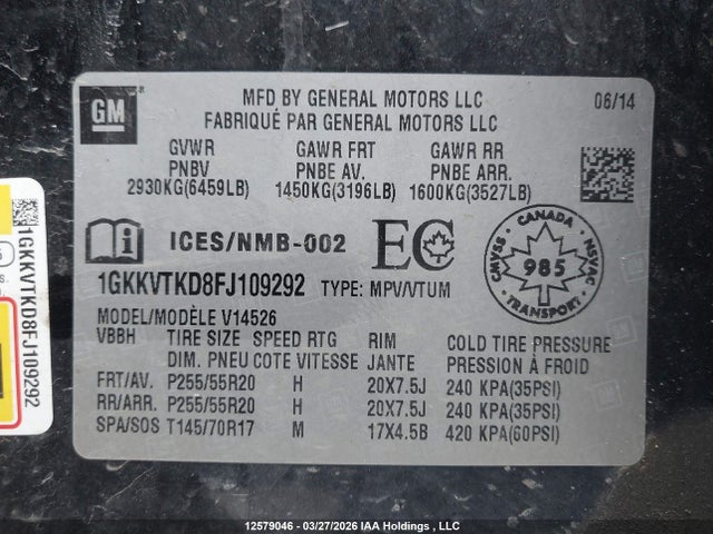 12579046 :رقم المزاد ، 1GKKVTKD8FJ109292 vin ، 2015 Gmc Acadia Denali مزاد بيع