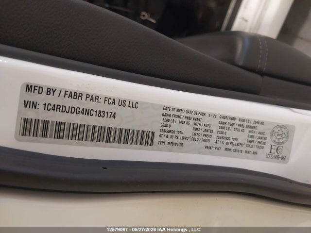 Продаж на аукціоні авто 2022 Dodge Durango Gt, vin: 1C4RDJDG4NC183174, номер лоту: 12579067