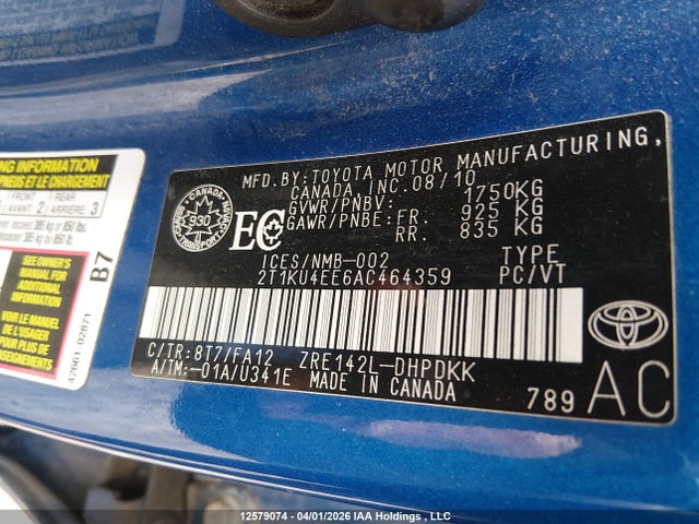 2010 Toyota Corolla Matrix მანქანა იყიდება აუქციონზე, vin: 2T1KU4EE6AC464359, აუქციონის ნომერი: 12579074