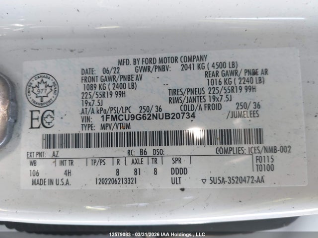 1FMCU9G62NUB20734 Ford ESCAPE SE