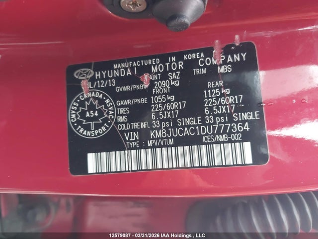 Продаж на аукціоні авто 2013 Hyundai Tucson, vin: KM8JUCAC1DU777364, номер лоту: 12579087