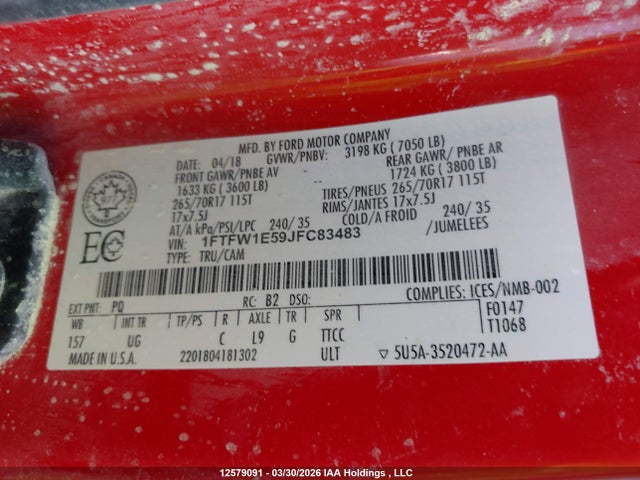12579091 :رقم المزاد ، 1FTFW1E59JFC83483 vin ، 2018 Ford F150 Supercrew مزاد بيع
