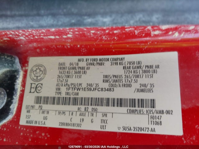 12579091 :رقم المزاد ، 1FTFW1E59JFC83483 vin ، 2018 Ford F150 Supercrew مزاد بيع