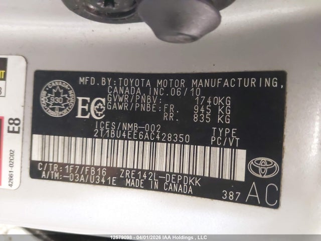 12579098 :رقم المزاد ، 2T1BU4EE6AC428350 vin ، 2010 Toyota Corolla Ce مزاد بيع