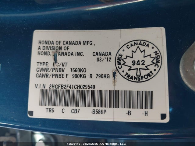 Продаж на аукціоні авто 2012 Honda Civic Lx, vin: 2HGFB2F41CH029549, номер лоту: 12579110