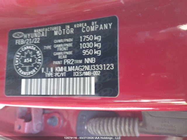 12579116 :رقم المزاد ، KMHLM4AG2NU333123 vin ، 2022 Hyundai Elantra مزاد بيع