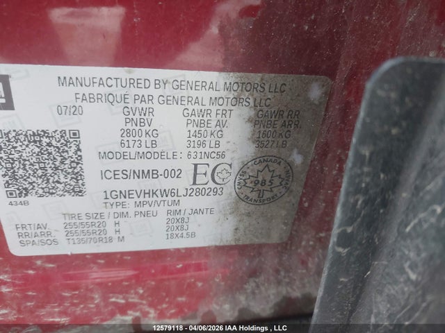 1GNEVHKW6LJ280293 Chevrolet Traverse Lt