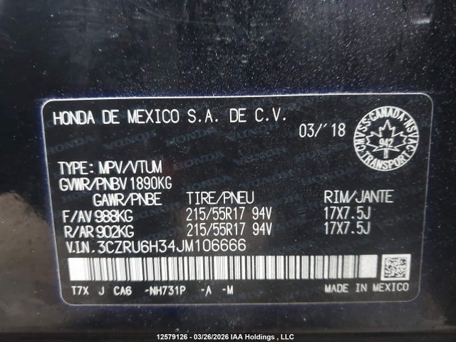 3CZRU6H34JM106666 Honda HR-V LX