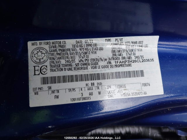 2012 Ford Focus Sel მანქანა იყიდება აუქციონზე, vin: 1FAHP3H26CL203635, აუქციონის ნომერი: 12550292