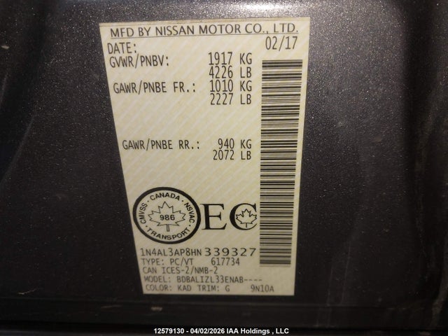 1N4AL3AP8HN339327 Nissan Altima 2.5/s/sv/sl/sr