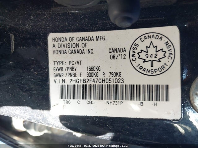 Продажа на аукционе авто 2012 Honda Civic Lx, vin: 2HGFB2F47CH051023, номер лота: 12579148