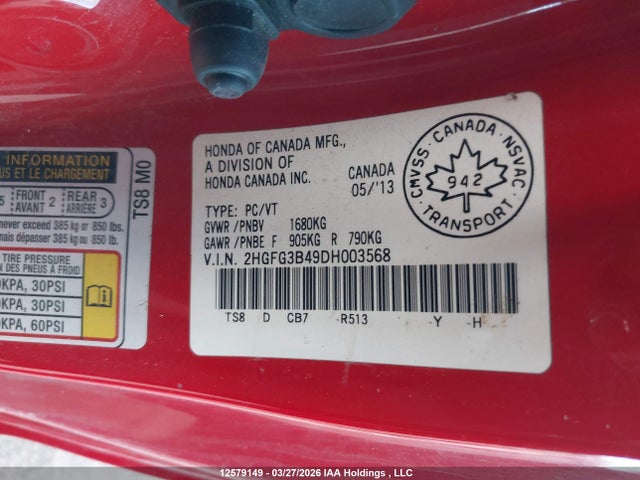 Aukcja sprzedaży 2013 Honda Civic Lx, vin: 2HGFG3B49DH003568, numer aukcji: 12579149