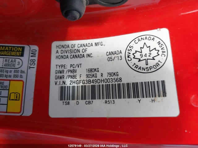 Aukcja sprzedaży 2013 Honda Civic Lx, vin: 2HGFG3B49DH003568, numer aukcji: 12579149