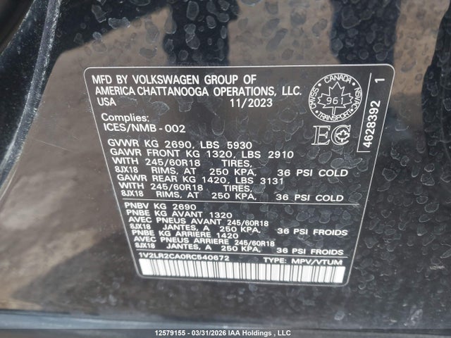 Aukcja sprzedaży 2024 Volkswagen Atlas Se, vin: 1V2LR2CA0RC540672, numer aukcji: 12579155