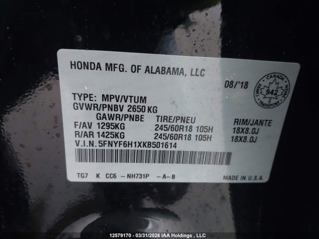 5FNYF6H1XKB501614 Honda PILOT LX