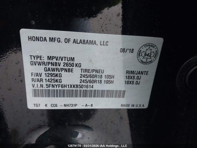 5FNYF6H1XKB501614 Honda PILOT LX