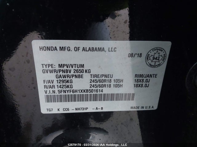 5FNYF6H1XKB501614 Honda PILOT LX