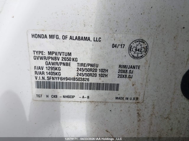 5FNYF6H94HB503826 Honda Pilot Touring