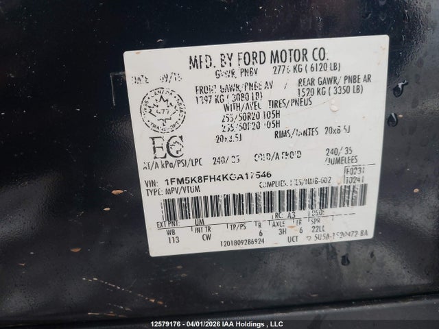 1FM5K8FH4KGA17546 Ford Explorer Limited