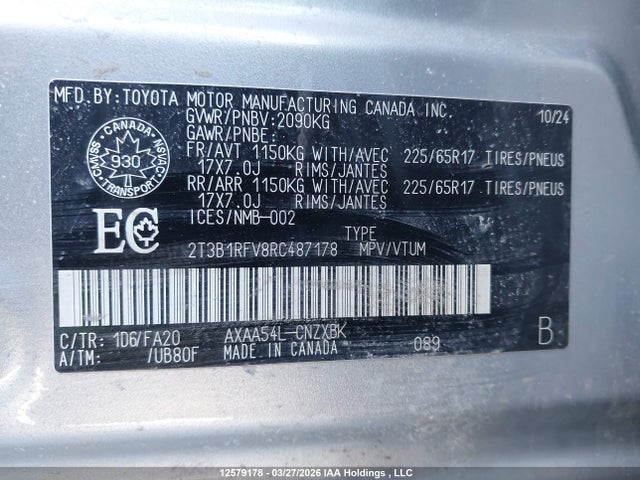 12579178 :رقم المزاد ، 2T3B1RFV8RC487178 vin ، 2024 Toyota Rav4 Le مزاد بيع