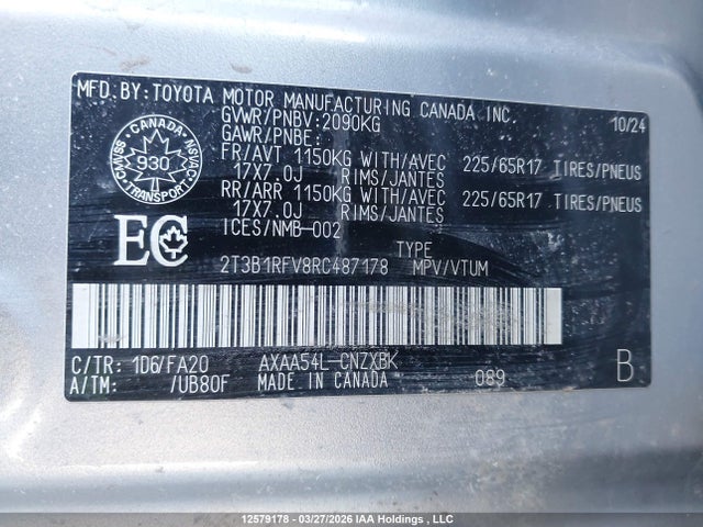 12579178 :رقم المزاد ، 2T3B1RFV8RC487178 vin ، 2024 Toyota Rav4 Le مزاد بيع