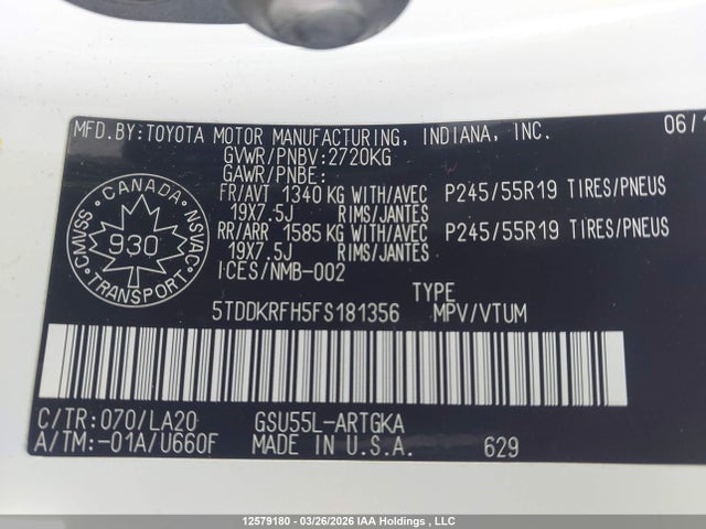 12579180 :رقم المزاد ، 5TDDKRFH5FS181356 vin ، 2015 Toyota Highlander Limited/ltd Platinum مزاد بيع
