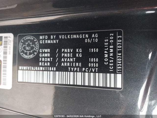 12579193 :رقم المزاد ، WVWFV7AJ6AW411848 vin ، 2010 Volkswagen Golf Gti 3-door مزاد بيع