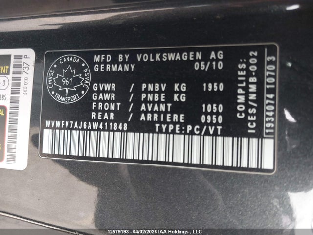12579193 :رقم المزاد ، WVWFV7AJ6AW411848 vin ، 2010 Volkswagen Golf Gti 3-door مزاد بيع