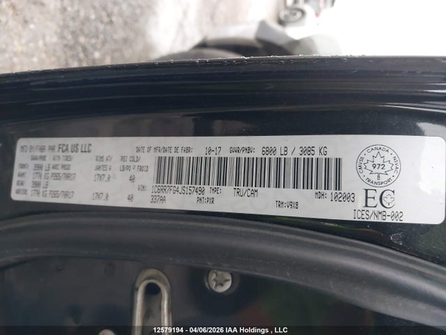 12579194 :رقم المزاد ، 1C6RR7FG4JS157490 vin ، 2018 Ram 1500 St مزاد بيع