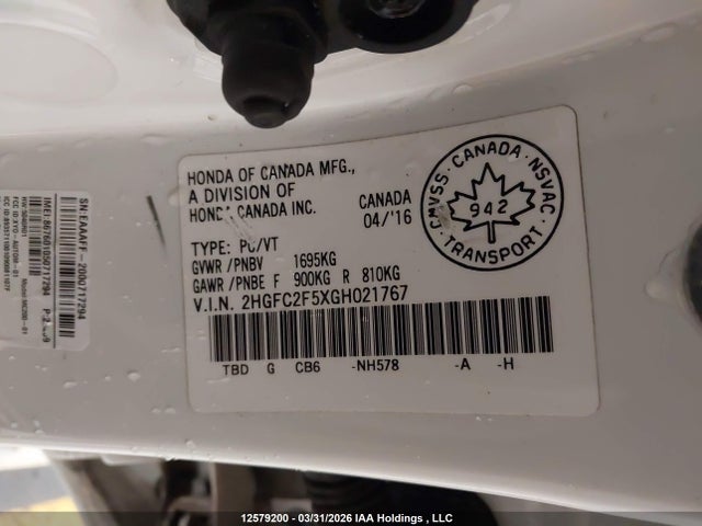 2016 Honda Civic Lx მანქანა იყიდება აუქციონზე, vin: 2HGFC2F5XGH021767, აუქციონის ნომერი: 12579200
