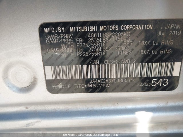 12579206 :رقم المزاد ، JA4AZ2A37LJ600344 vin ، 2020 Mitsubishi Outlander Es/ex/ex-l مزاد بيع