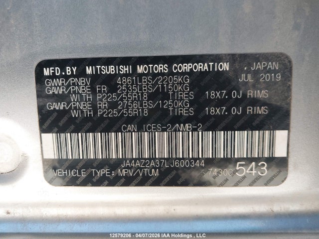 12579206 :رقم المزاد ، JA4AZ2A37LJ600344 vin ، 2020 Mitsubishi Outlander Es/ex/ex-l مزاد بيع