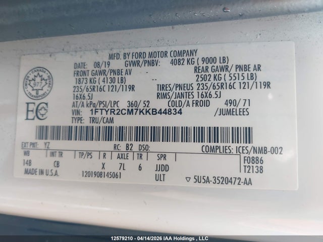 12579210 :رقم المزاد ، 1FTYR2CM7KKB44834 vin ، 2019 Ford Transit-250 مزاد بيع