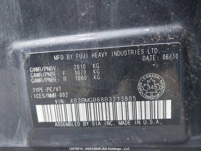Aukcja sprzedaży 2011 Subaru Legacy, vin: 4S3BMGB68B3213805, numer aukcji: 12579214