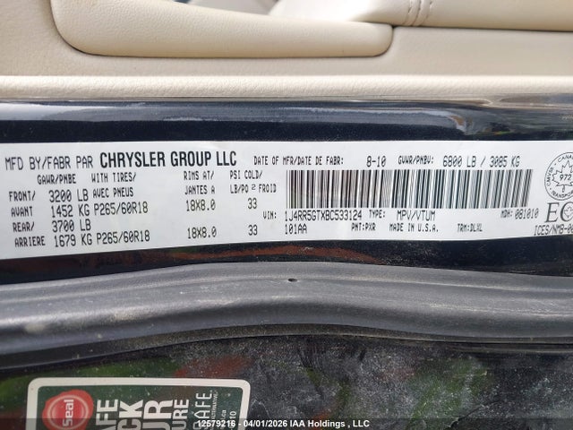 Продажа на аукционе авто 2011 Jeep Grand Cherokee Limited, vin: 1J4RR5GTXBC533124, номер лота: 12579216