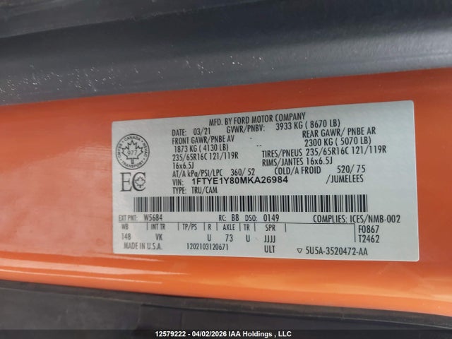 1FTYE1Y80MKA26984 Ford Transit T-150