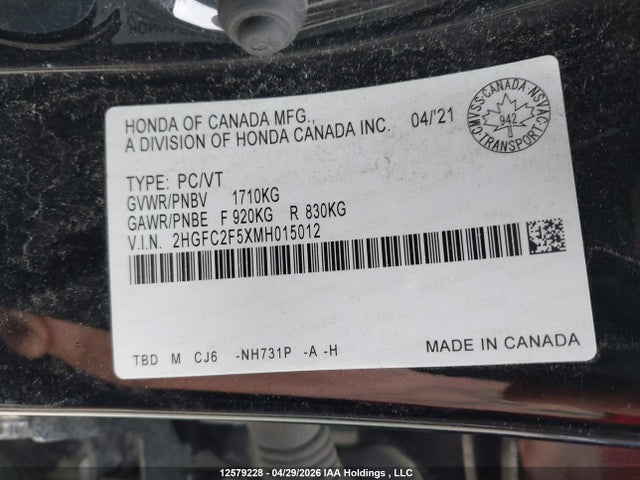 2021 Honda Civic Lx მანქანა იყიდება აუქციონზე, vin: 2HGFC2F5XMH015012, აუქციონის ნომერი: 12579228