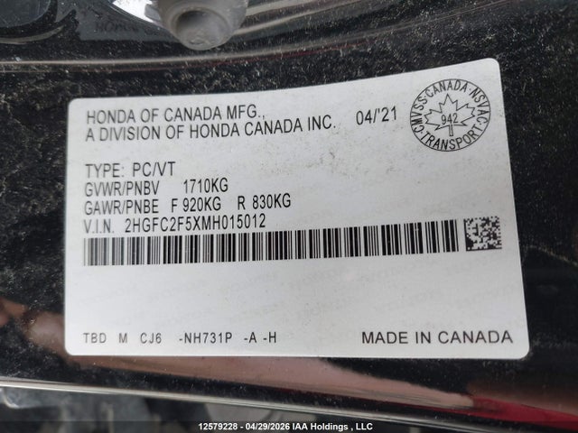 2021 Honda Civic Lx მანქანა იყიდება აუქციონზე, vin: 2HGFC2F5XMH015012, აუქციონის ნომერი: 12579228