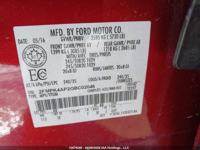 Ford EDGE SPORT 2016 2FMPK4AP2GBC02046 Image 20