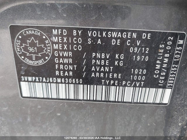 12579260 :رقم المزاد ، 3VWPX7AJ6DM630650 vin ، 2013 Volkswagen Jetta S/se مزاد بيع