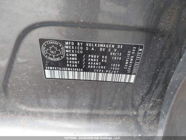 12579260 :رقم المزاد ، 3VWPX7AJ6DM630650 vin ، 2013 Volkswagen Jetta S/se مزاد بيع