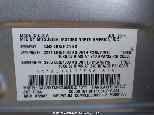 Продажа на аукционе авто 2015 Mitsubishi Rvr Se, vin: 4A4AJ3AU6FE601616, номер лота: 12579276