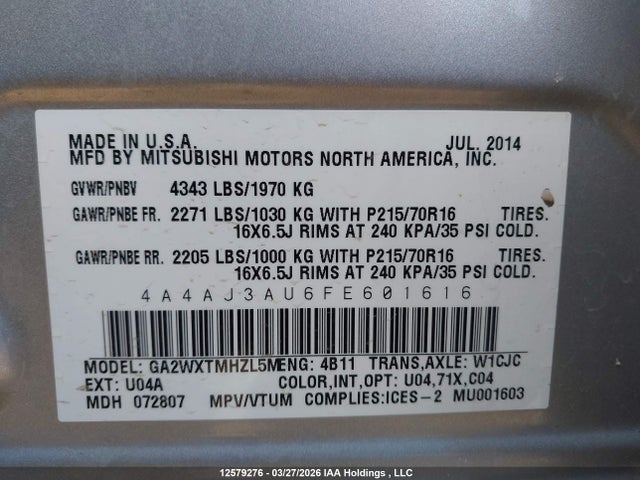 Продажа на аукционе авто 2015 Mitsubishi Rvr Se, vin: 4A4AJ3AU6FE601616, номер лота: 12579276