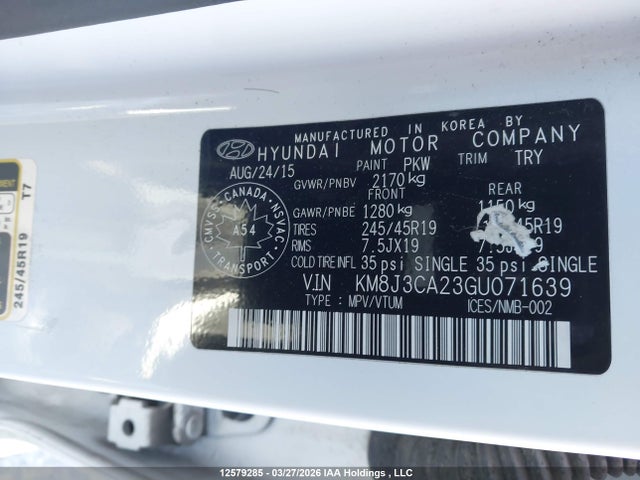 Aukcja sprzedaży 2016 Hyundai Tucson Limited/sport And Eco/se, vin: KM8J3CA23GU071639, numer aukcji: 12579285