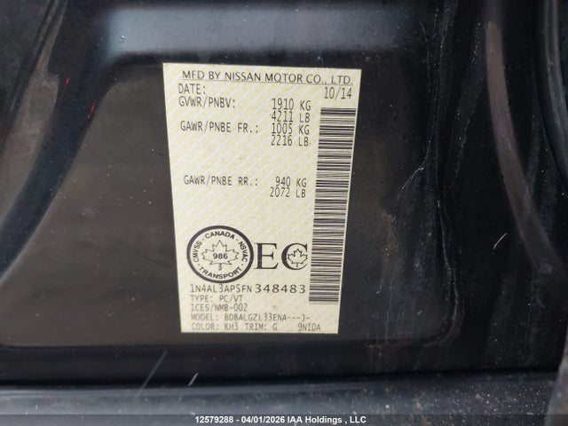 1N4AL3AP5FN348483 Nissan Altima 2.5/s/sv/sl
