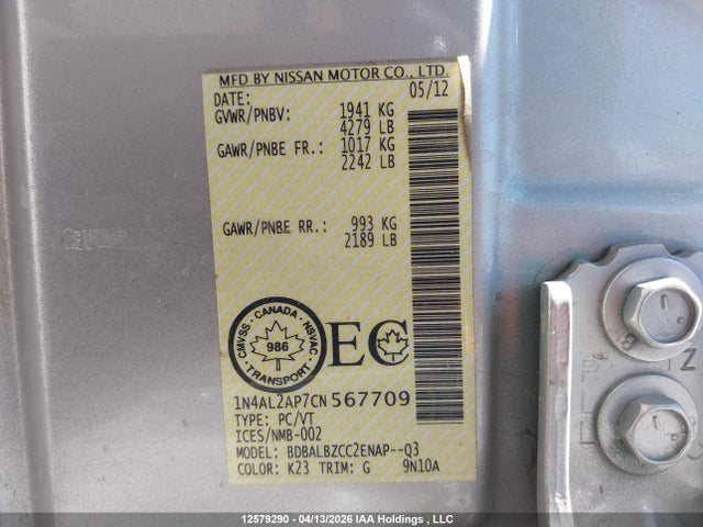 12579290 :رقم المزاد ، 1N4AL2AP7CN567709 vin ، 2012 Nissan Altima S مزاد بيع