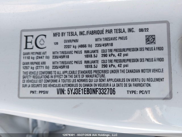 Продажа на аукционе авто 2022 Tesla Model 3, vin: 5YJ3E1EB0NF332706, номер лота: 12579301